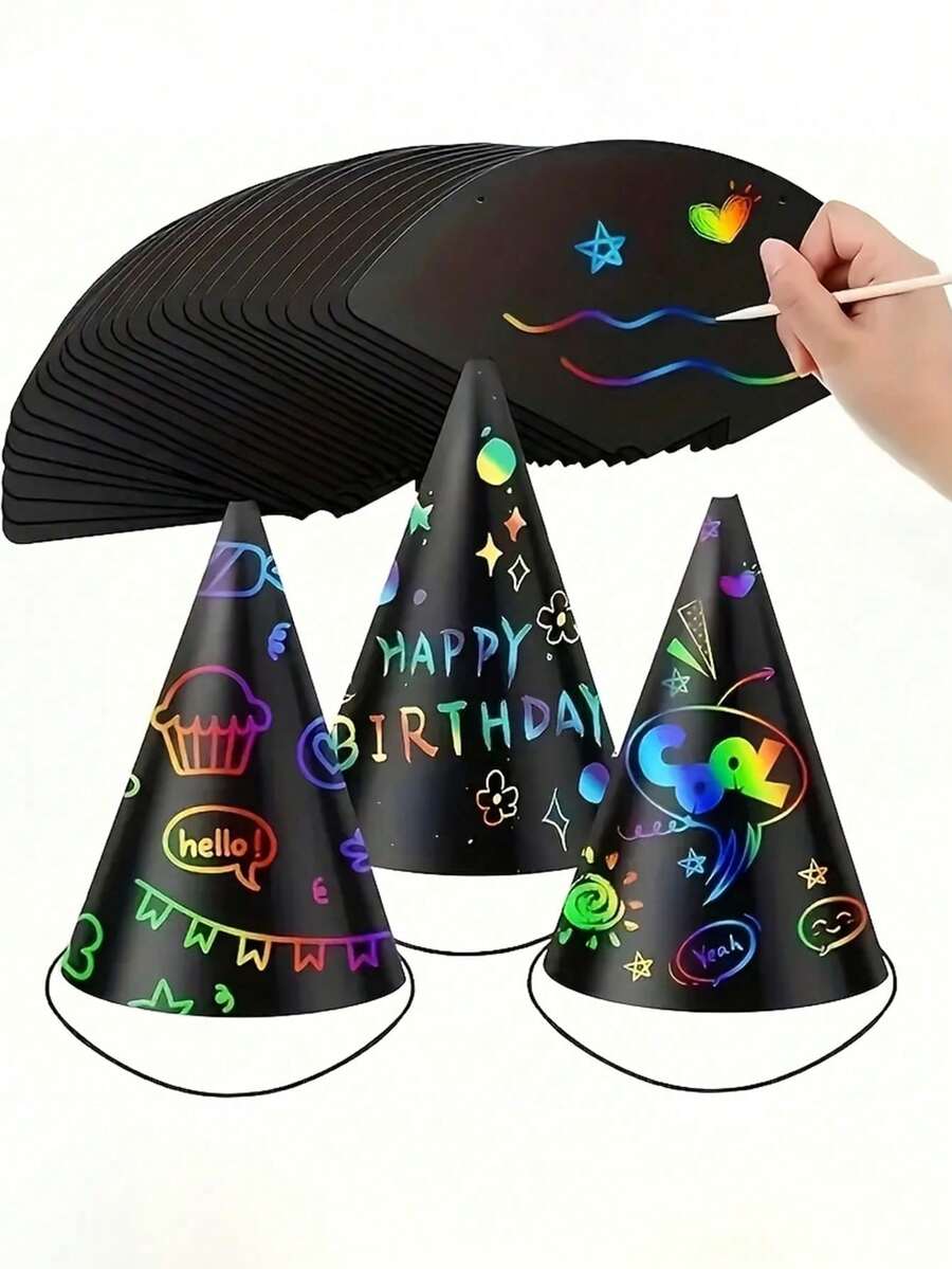 72/36pcs Scratch Art Party Hat Set, Cone Hats With Elastic Cords And Scratch Pens, Fun Colorful Scratch Paper, DIY Creative Craft, Creative Decoration And Group Interaction, Birthday Party Hats, Suitable For Adult Party Supplies, Gifts, Bridal Shower