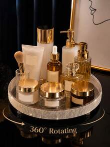 Bandeja de cosméticos giratoria 360° con strass, plato de almacenamiento y exhibición de lujo para perfumes y cuidado de la piel, decoración para encimera de baño/tocador - Multicolor - View 7