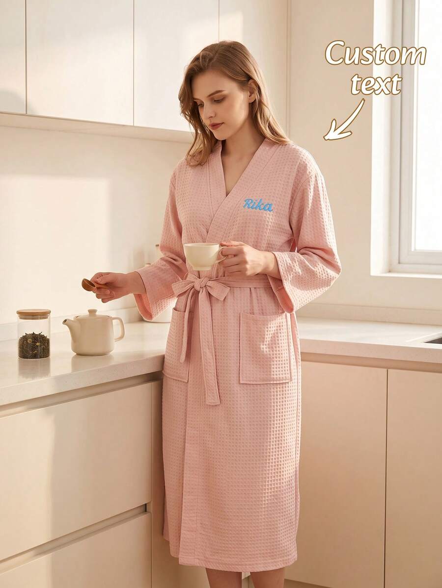 1pc Personalized Customized Spring/Autumn Waffle Bathrobe, Women's Thin Sauna Suit Sweat Suit, Men's Absorbent Quick-Dry Bathrobe, Soft Absorbent Comfortable Pajamas, With Pockets And Waistband, Multi-Functional, Highly Decorative