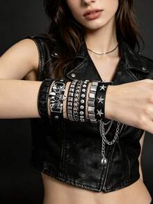 Xiacheng 1/3/4pcs PU Leather Rivet Punk Bracelet, Unisex Gothic Style Rivet Cuff Wristband, Adjustable Punk Rock Accessory For Halloween Party, Holiday - Black 3 - View 3