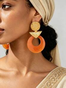 1 Pair Bohemian Vintage Agate Pattern Acrylic Resin Pleated Gold-Plated Geometric Large Hoop Earrings For Women Beach Vacation - Mustard Yellow - View 7