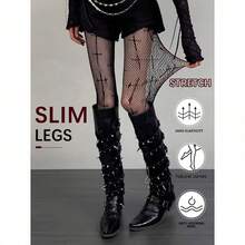 1 Pair Of Punk Style Black Cross Pattern Fishnet Socks, Ladies' Hollow Pantyhose, Gothic Sexy Perspective High Waist Stockings. - Black - View 4