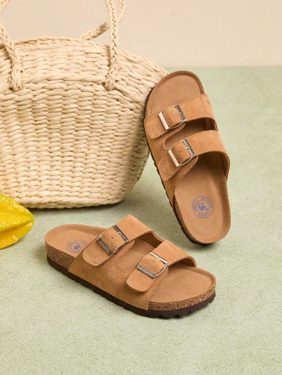 CAMEL CROWN Women's Double Buckle Cork Sole Sandals, Adjustable Slip-On Slides, Open Toe Comfortable Sandals, Lightweight Casual Summer Beach Slippers - Brown - View 1