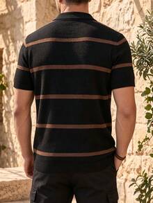 ALTZTAR Men's Striped Half-Zip Polo Shirt, Textured Knit Short Sleeve Top For Summer - Black - View 3