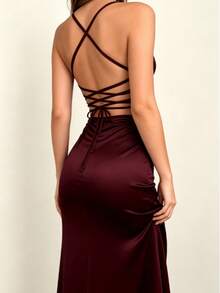 Gaun Maxi Satin Off Shoulder Asimetris Bertali Silang Gaya Retro Y2K Terbaru 2026, Potongan Belakang dengan Tali Pengikat, Belahan Tinggi, Bodycon, Cocok untuk Musim Gugur, Musim Dingin, dan Malam Hari untuk Pernikahan. - merah tua - View 3