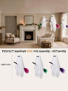 3pcs Halloween Outdoor Decor, Broom Riding Ghost Hanging Ornament With Built-In Warm Light, Flying Ghost Home Decoration, Floating Gauze Ghost, Suitable For Trees, Porch, Yard, Patio And Indoor Halloween Decor - Multicolor - View 8
