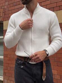 New Autumn/Winter Men's Casual Slim Fit Minimalist Stylish Mandarin Collar Ribbed Zip-Up Long Sleeve Sweater Jacket, Neutral White Collared Knit Cardigan Top - 白色 - 查看 4