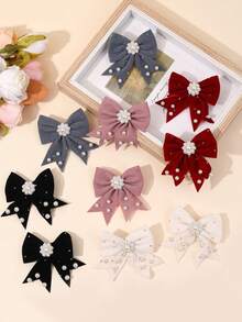 10pcs Minimalist Multi-Color Fishtail Bow Hair Clips, Pearl & Rhinestone Decorated Hair Clips, Teacher's Day Gift, Girls Daily School Wear Hair Accessories - Multicolor - View 5