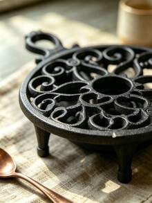1pc Vintage Cast Iron Teapot Warmer, Hollow Scroll Pattern, Portable Metal Stove Rack, Suitable For Coffee Pots And Small Kitchen Utensils, Desktop Candle Heating Stand, Heat-Resistant Hot Plate Rack, Home Kitchen Decor, Suitable For Dining Table Countertop - View 10