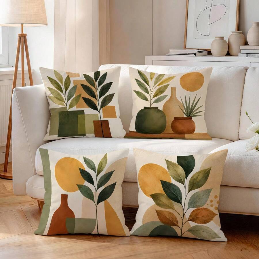 4 Stücke Keramiktopf Pflanze abstraktes Muster einseitig bedruckte Kissenbezüge/Kissenbezüge, Multi-Szenen Atmosphäre dekorative Kissenbezüge geeignet für Wohnzimmer Sofa Schlafzimmer, ohne Kissenfüllung - Verschiedenfarbig - Übersicht 1