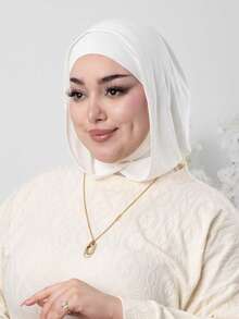 1pc Women's Solid Color Balaclava One-Piece Base Layer Headscarf Neck Warmer Elastic Cap Hijab Caps Turban Breathable Comfortable Elastic Wide Brim Sweat-Absorbing Non-Slip Multi-Functional Sports Headscarf Cap Head Cover Inner Lining Scarf, Minimalist Fashion Scarf, Hood And Matching Headscarf, 2-In-1, Easy To Wear. Put It On And Instantly Look Fashionable For Going Out - Milky White - View 3