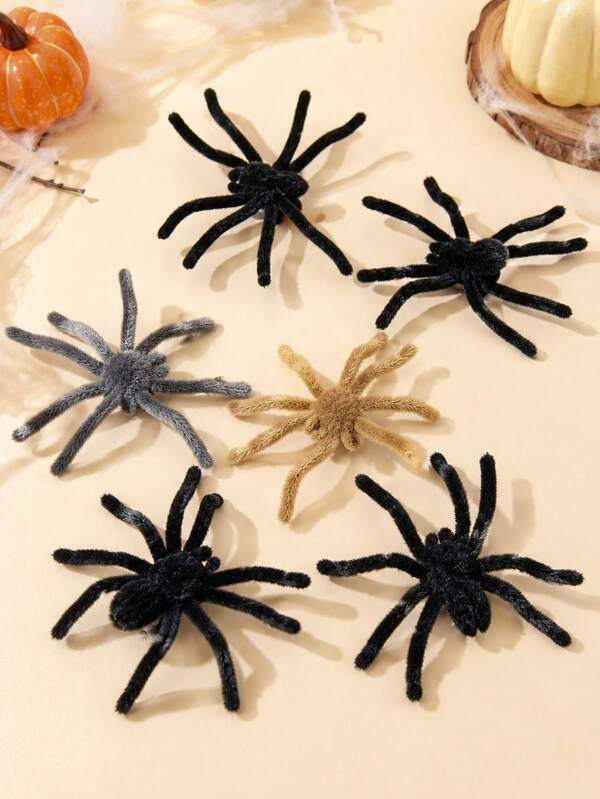 4/8pcs Plush Halloween Spider Decoration Set, Bendable Realistic Plush Spiders, Suitable For Party Table Decor, Haunted House Decoration, Windowsill Fireplace Garden Arrangement, DIY Craft Props, Spooky Holiday Supplies