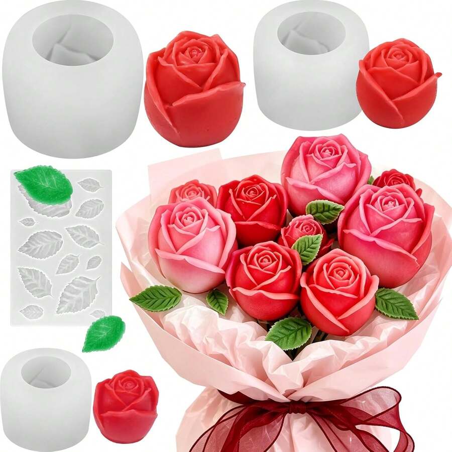 4pcs Rose Candle Mold Set, Includes Leaf-Shaped Mold, Large, Medium, Small 3D Rose Flower Silicone Mold, Suitable For Candle Making, Epoxy Resin Casting, Handmade Soap, Clay, Plaster, Home Decor And Mother's Day Gift - Flower - View 1