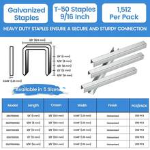 Meite Staple Gun Staples, 9/16 Inch Length Heavy Duty T50 Staples, Galvanized, 20 Gauge 3/8 Inch Crown, Compatible With T50 Staple Gun, Ideal For - ColorA - View 2