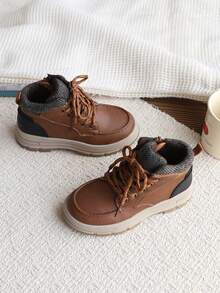 Children's Brown Work Boots, Knitted Collar Side Zipper Hiking Boots, Non-Slip Thick Sole Outdoor Boots For Boys And Girls - Brown - View 3