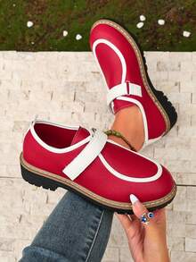 1 Pair Vintage Contrast Color Hook & Loop Loafers Women Spring/Autumn New Round Toe Versatile Casual Commute Leather Shoes - Red - View 2