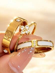 ZCNC Znice 2026 New 304 Stainless Steel 18K Gold Plated Stackable Ring Set, Women's Style, 3pcs Clover And Full Rhinestone Personalized Rings, Hypoallergenic Minimalist Jewelry, Perfect Mother's Day Gift, Summer Vacation Accessory - Gold 2 - View 3