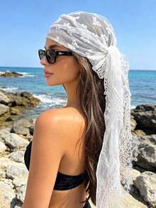 1pc Bohemian Style Lace Triangle Headscarf, French Vintage Mesh Headscarf, Beach Vacation Decorative Hair Accessory - White - View 3