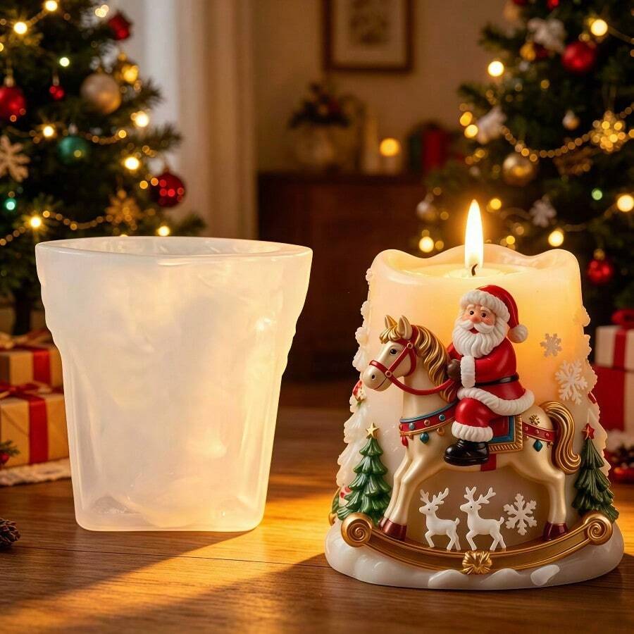 SUPWANPENG Christmas Santa Riding Wooden Horse, Rocking Horse Santa, Rocking Horse Christmas Tree, Deer And Snowflake Shaped Embossed Silicone Mold, Easy To Demold And Reusable, Suitable For DIY Resin, Gypsum, Clay, Concrete, Cement Crafts, Silicone Mold, Easy To Demold, Suitable For Various Holiday Gifts And Home Decor - A - View 1