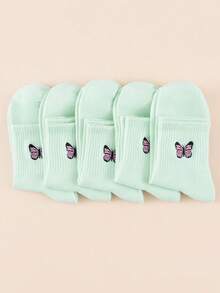 1/5/10 pares de calcetines de media caña acanalados, calcetines de media caña con bordado de mariposa exquisita estilo Y2K, suaves, cómodos, estéticos, casuales, de alta elasticidad, versátiles para todas las estaciones, para mujer - Azul Cadete - Ver 3