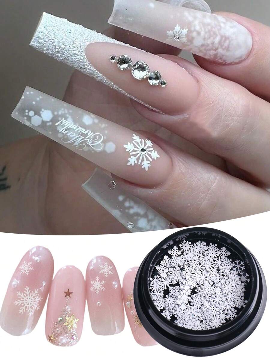 1 Frasco de Decoração para Unhas com Flocos Finos de Glitter e Lantejoulas 3D de Floco de Neve Branco Vazado, Arte de Unhas de Inverno, Acessórios para Design de Unhas DIY - Branco - Visão 1