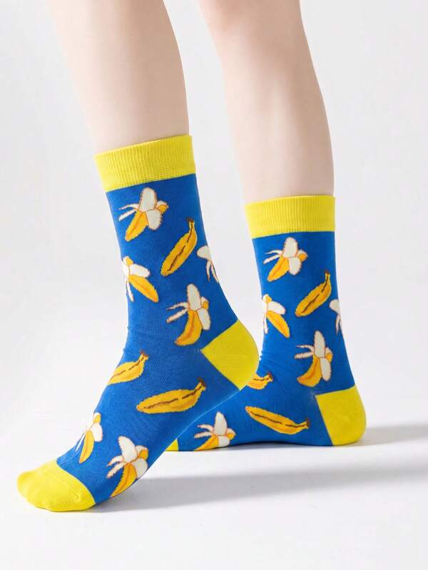 1/5/10 Pairs Women's Mid-Calf Socks, Fun Fruit Banana Cartoon Unisex Sports Style Long Socks, Crazy Happy Socks For Autumn/Winter