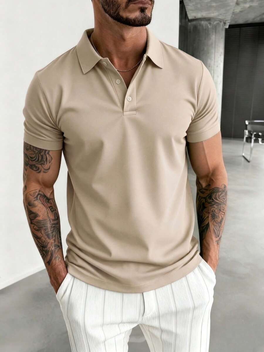 Men's Solid Color Casual/Business Polo Shirt, Short Sleeve, Summer - Apricot - View 1