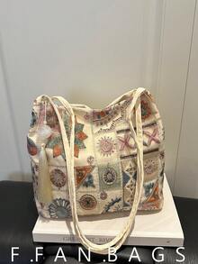 2026新款女式新中式刺繡肩背包 百搭斜挎水桶包 - 米色 - 查看 1