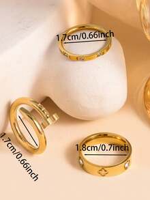 3pcs/Set Gold-Plated Clover Rings For Women, Cubic Zirconia Stackable Rings Jewelry Gift - Style a - View 4