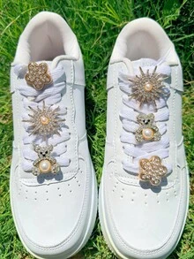 6pcs Gold Rhinestone Bear DIY Shoelace Decoration Five-Petal Flower, Detachable Sun Design Suitable For White Sneakers, Boots, Duxun Shoes, Flat Shoes And More, Holiday Gift - Gold - View 4