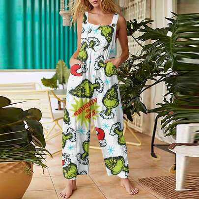 Women's Adjustable Straps Elastic Waist Loose Wide Leg Jumpsuit Character Holiday Print Pattern Suitable For Everyday Leisure, Beach