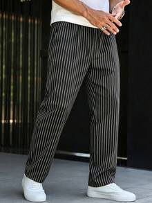 Men's Casual Lightweight Striped Pants, Classic Business Style Versatile Outdoor Trousers, Suitable Gift For Husband, Father, Friends - Black and White - View 6