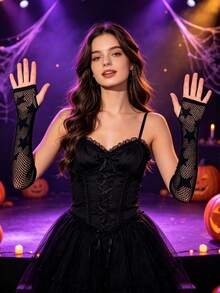 1 Pasang Sarung Tangan Jala Motif Bintang, Lengan Elastis, Sarung Tangan Panjang Setengah Jari untuk Pesta Klub Malam, Pertunjukan Panggung Halloween, Cocok untuk Pemakaian Sehari-hari, Halloween, Pesta, Pertunjukan Panggung - A - View 6