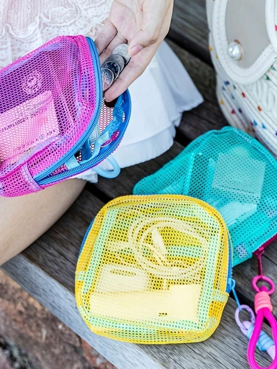 2pcs Multi-Colored Mesh Travel Storage Bags With Random Colors, Transparent Mesh, Large Capacity For Storing Toiletries, Very Suitable For Swimming An - Multicolor - View 1