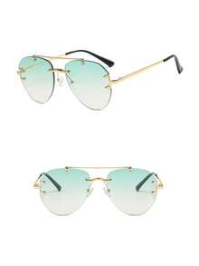 1pc Oversized Metal Frog-Shaped Fashion Glasses, Premium Rimless Street Style Versatile Women's Eyewear - Gold Frame Double Green - View 4