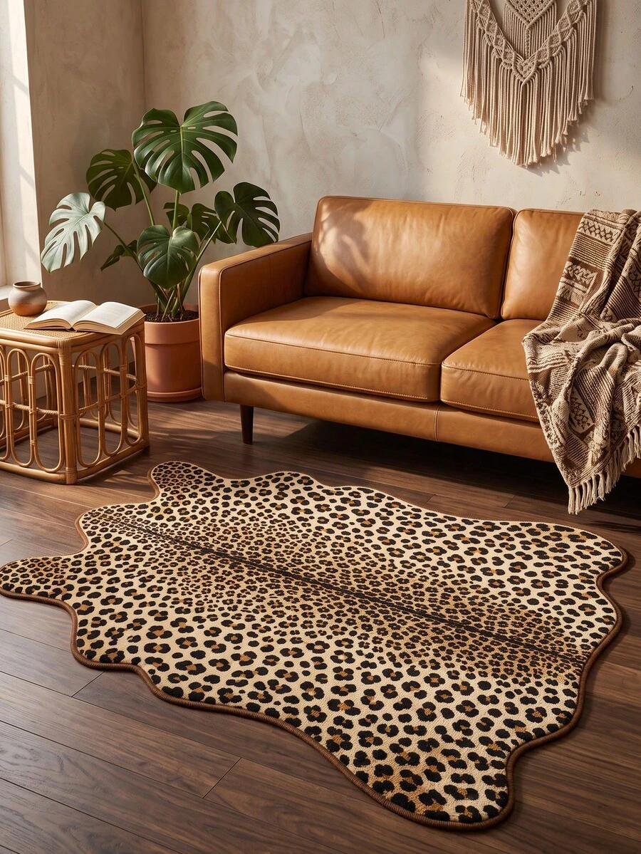 1 pieza Alfombra con forma de piel de leopardo, estilo de caza con manchas negras y crema, alfombra de piso novedosa, suave y de felpa, alfombra decorativa asimétrica, adecuada para dormitorio, sala de estar, entrada, uso interior, regalo de inauguración de casa, Navidad, amante de los animales, decoración del hogar - Multicolor - Ver 1