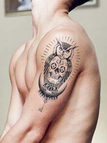 1pc Temporary Tattoo Sticker With Owl And Key Design- Hip Hop Style, For Wrist, Arm, Leg, Waist Or Back - Black - View 2