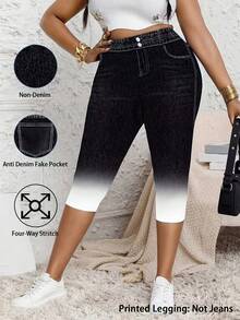 Celana Panjang 3/4 Motif Denim Ukuran Besar, Elastis Sedang, Potongan Ramping, dengan Kantong Palsu, Legging Ketat Desain Gradien Modis untuk Liburan - MultiWarna - View 1