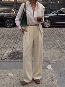 Casual Versatile Commute Solid Color Straight Leg Pants - Cream - View 9