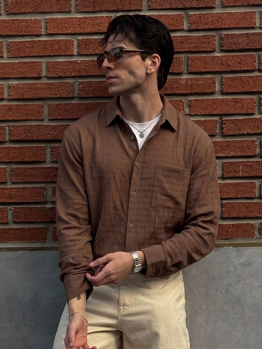 Lookun Men's Textured Crinkle Long Sleeve Polo Shirt, Loose Fit Vintage Solid Color Single Pocket Casual Shirt, Spring/Autumn Layering Versatile Long Sleeve - Brown - View 1