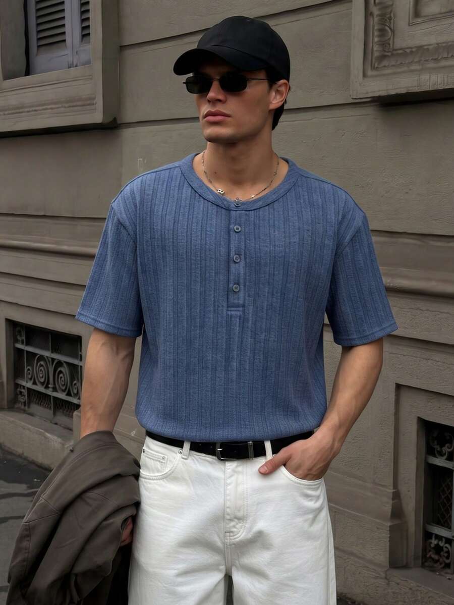 Lookun Men's Knitted Short Sleeve Henley Collar Loose Fit Slimming European Minimalist Style Vertical Ribbed Button Henley Collar Short Sleeve Knitted Top - Blue - View 1