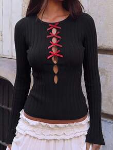 Niche Slimming Knit Sweater Top For Women, Autumn Bowknot Hollow Cross-Over Slimming Sweater - Black - View 1