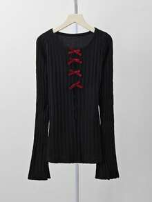 Niche Slimming Knit Sweater Top For Women, Autumn Bowknot Hollow Cross-Over Slimming Sweater - Black - View 6