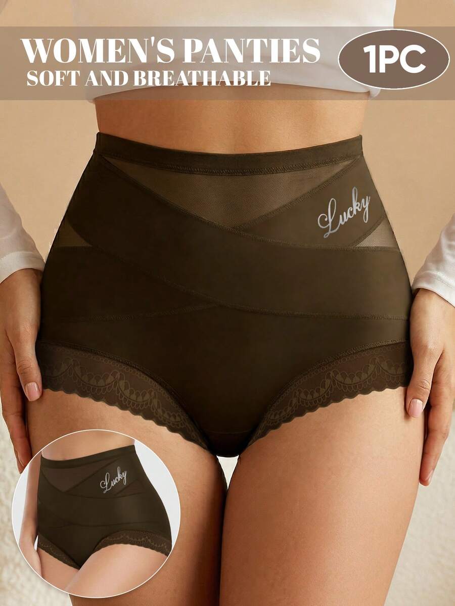 MIOTAN 1pc Women's Mesh High Waist Triangle Panties, Tummy Control Slimming, Cross Strap Design, Everyday Underwear