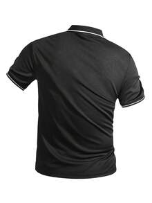 男士夏季短袖休閒通勤領撞色鈕扣 Polo 衫，適合高爾夫運動，黑色 Polo 衫 - 黑色 - 查看 3