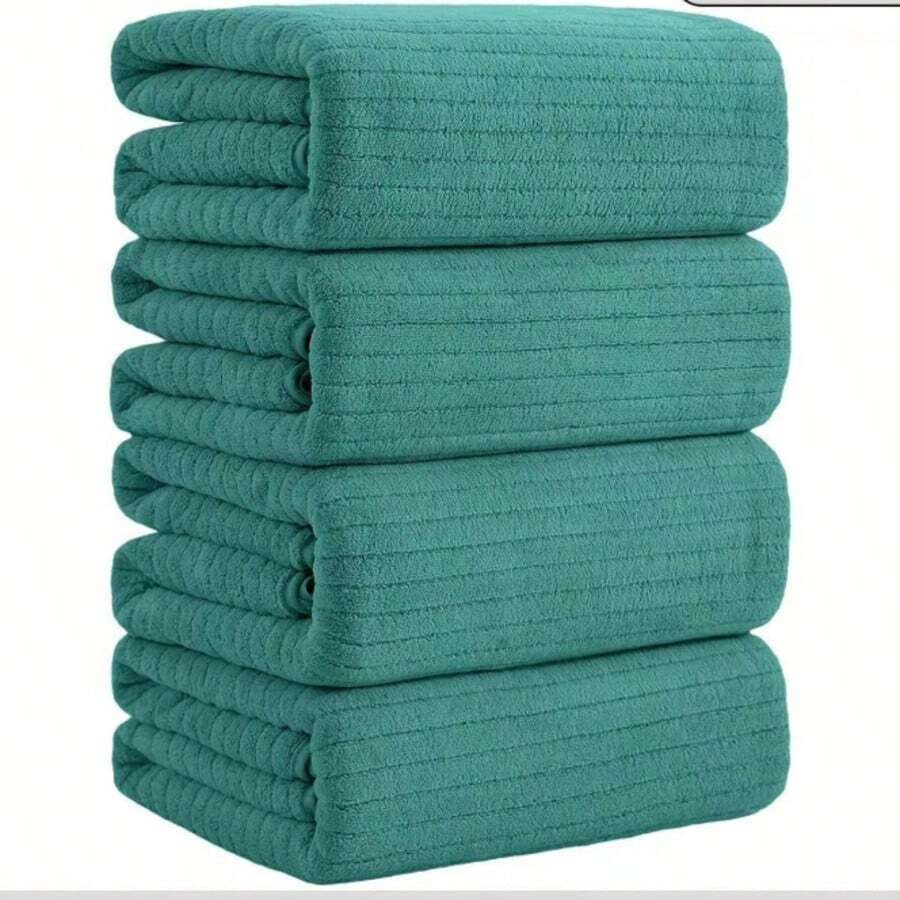 4 Extra Large Bath Towels - Checkered Microfiber, Highly Absorbent & Ultra-Soft, Suitable For Bathroom, Gym, Hotel, Home - Multiple Colors Available, Microfiber Texture - 綠色 - 查看 1