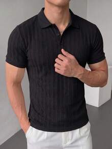 男士夏季純色翻領 Polo 衫,短袖休閒/商務風,正式場合必備 - 黑色 - 查看 2