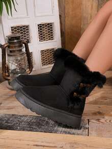 1 Pair Thermal Lined Thick Suede Collar Horn Button Platform Thick Sole Slip-On Non-Slip Warm Mid-Calf Boots - Black - View 2