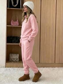 Women's Pink Knitted Zipper Collar Long Sleeve Drop Shoulder Top And Sweatpants Two-Piece Outfit, Casual & Cute Fall Winter Loungewear Set - 粉色 - 查看 2