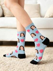 Women Custom Face Printed Socks Light Blue Soft Stretch Knit Fabric Skin-Friendly Lovely Personalized Crew Socks Suitable For Valentine's Day - Multicolor - View 2